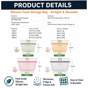 Bolsas de Almacenamiento de Alimentos Reutilizables con Cierre Hermético, Libres de BPA, de Silicona de Grado Alimenticio, Aptas para Congelador y <span class=keywords><strong>Microondas</strong></span>, con Logotipo Personalizado, OEM, ODM - Product Image 2