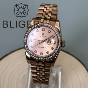 BLIGER NH05 Montre-bracelet <span class=keywords><strong>automatique</strong></span> de luxe en or rose pour <span class=keywords><strong>femme</strong></span> 31mm Cadran Sunburst Diamond Bezel Day Mark Bande en acier inoxydable Diver - Product Image 2