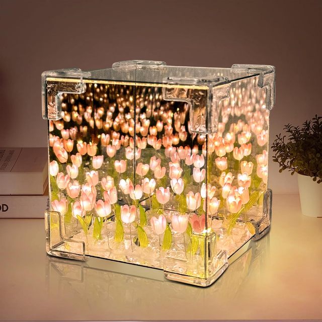 Tsinye DIY Tulips Cube Mirror Lamp Handmade Tulip Flower Magic Lights Bedroom Living Room Desktop Decor As Birthday Gift