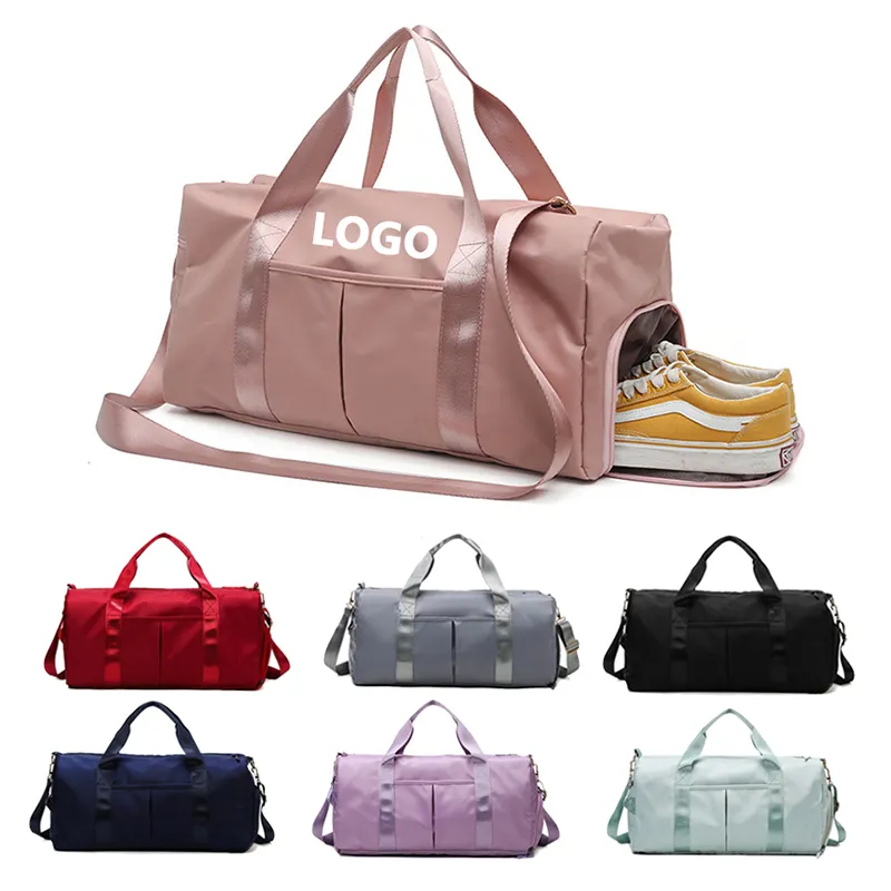 Sıcak satış yeni ucuz özel logo seyahat pembe duffel çanta kuru ıslak ayrılmış su geçirmez ayakkabı bölmesi ile spor spor çantaları