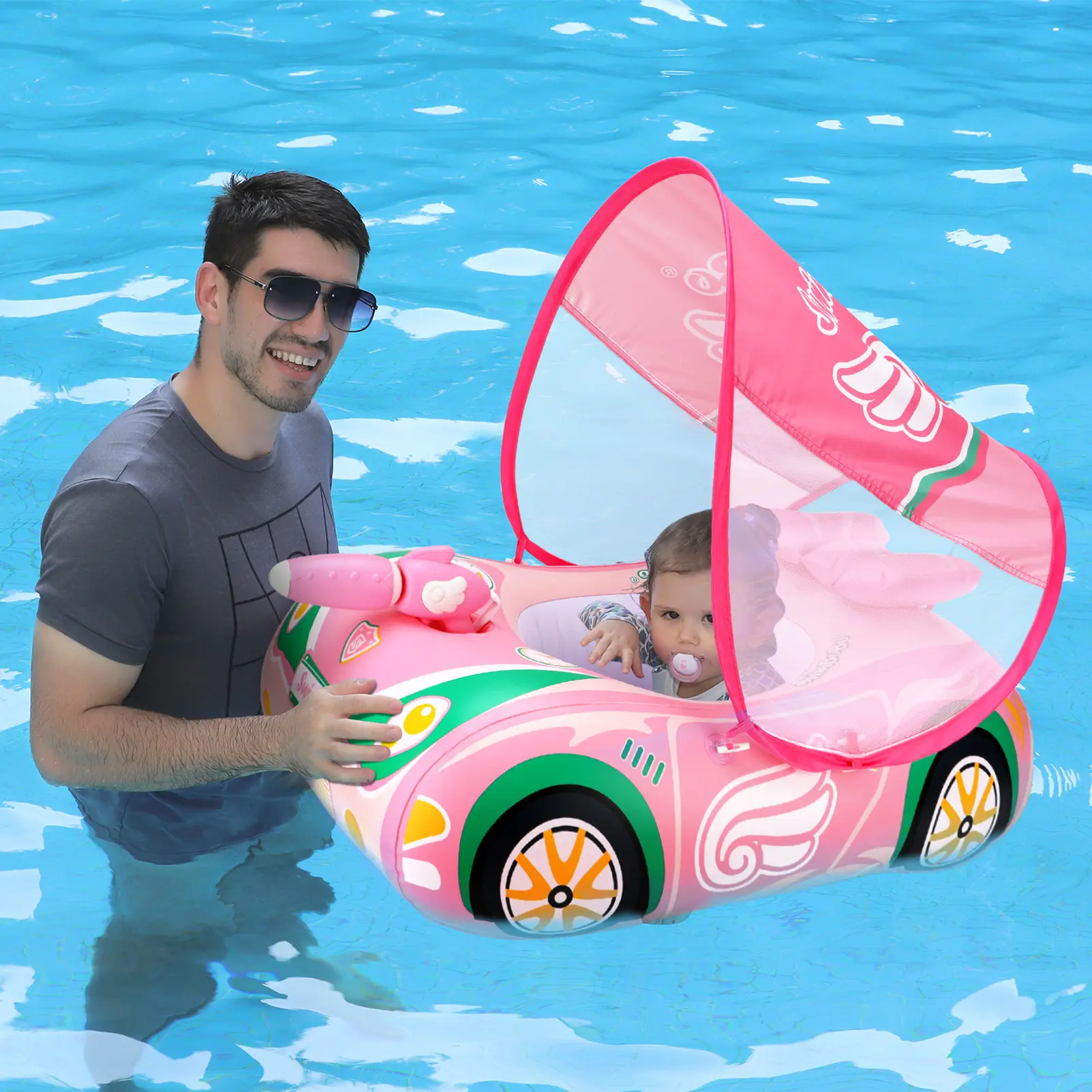 Schwimmbobo-Kinder schwimmen rosa Mädchen Kinder aufblasbarer Sitz Boot schwimmende Wasserpistole Wasser-Spielzeug Babyring Pool-Schwimmer mit Vordach