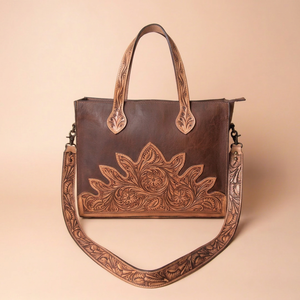 Bolso Tote de Cuero Genuino Personalizado, Hecho a Mano, Anti-Robo, para Mujer, con Cierre de Cremallera con Diseño Floral en Relieve, para Compras - Product Image 1