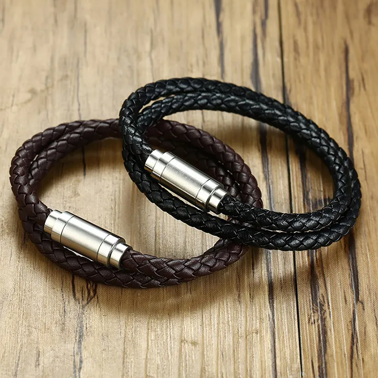 2020 new arrivals mens leather bracelet strong magnet clasp black brown braided leather wrap bracelet for gift