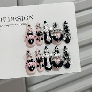 <span class=keywords><strong>Uñas</strong></span> postizas rosas y negras con diseño de ataúd, <span class=keywords><strong>uñas</strong></span> artificiales bonitas y dulces de dibujos animados hechas a mano, <span class=keywords><strong>uñas</strong></span> a presión con cruz - Product Image 5