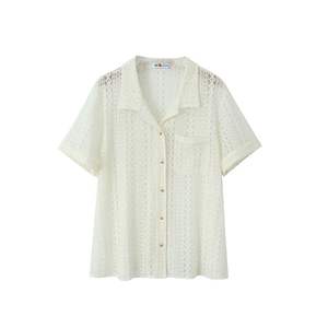 Camisa de Manga Corta con Encaje Hueco Estilo Francés Happy Plus, Talla Grande para Mujer, Blusa de Gasa Negra con Cuello Camisero N8977 - Product Image 2