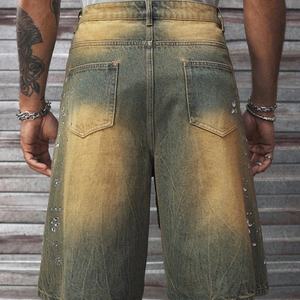 กางเกงยีนส์ขาสั้นทรงวินเทจฟอกสีซีดแบบซันดราย ลายแมวข่วน ตกแต่งด้วยคริสตัลสั่งทำพิเศษสำหรับผู้ชาย ความยาวปานกลาง - Product Image 3