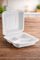 ProTakeOut [8 X 8/9 X 9] Contenants à charnières en bagasse à 3 compartiments, lot de 200 (100/2), sans PFAS, blancs, compostables, compatibles micro-ondes