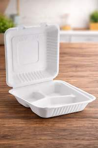 ProTakeOut [8 X 8/9 X 9] Contenants à charnières en bagasse à 3 compartiments, lot de 200 (100/2), sans PFAS, blancs, compostables, compatibles micro-ondes - Product Image 5