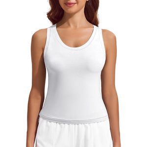 Women Crop <b>Top</b> Double Lined Workout Tank Slim Fit Racerback Athletic Shirt Solid Scoop Neck White Yoga <b>Top</b> - Product Image 1
