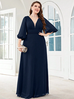 Robe de soirée moulante en mousseline unie à col en V et manches trois quarts, grande taille, avec fermeture éclair au dos, pour demoiselle d'honneur