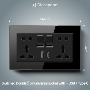 Modern Tempered Glass Wall <b>Socket</b> Panel 2 Outlets 2-Gang USB A & Type-C Ports 230V 16A IP20 White and Black - Product Image 2