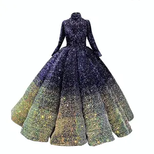 2022 New Wedding Bridesmaid Dresses Dreamy Sequined Party Tutu Stand Collar Long Sleeve Performance Costume Evening Dress
