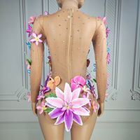 Combinaison Sexy en Maille à Strass et Fleurs pour Femme, Tenue de Soirée, Justaucorps de Scène pour Chanteuse, Vêtement de Festival, Tenue de Danseuse Exotique