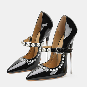 Big Size 46 Extreme Slim High Heels Women Pearls Buckle <b>Shoes</b> Middle Beads Strap Patent Stiletto Dress Wide Fit Sandals - Product Image 3
