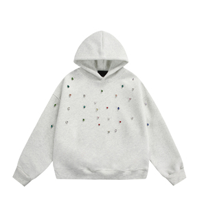 Sweat à capuche oversize en molleton français avec perles 3D et strass personnalisés, style streetwear – Pull respirant en polyester/coton pour l'automne - Product Image 3
