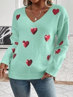 Nouvel arrivage de pull à manches longues à col en V et à motif de cœurs scintillants de créateurs personnalisés chandails de Saint-Valentin à paillettes et à la mode