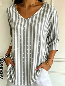 T-shirt Casual da Donna 2026 Stile Europeo Americano con Scollo a V, a Righe e <span class=keywords><strong>Pois</strong></span>, Manica Regolare, in Poliestere - Product Image 5