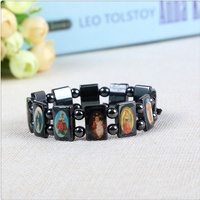 Bracelet Chapelet Religieux Dévotionnel avec Pendentif Goutte d'Hématite Noire Carrée, Icône Orthodoxe et Portrait de Saint Catholique – Idéal comme Cadeau
