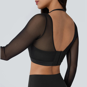 Nouveau populaire licou dos nu à manches longues trou de pouce contraste maille 2-en-1 recadrée Yoga haut de sport avec coussinets amovibles <span class=keywords><strong>soutien</strong></span>-<span class=keywords><strong>gorge</strong></span> - Product Image 5