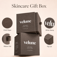 Coffret Cadeau Personnalisé Soins de la Peau en Papier Tissé Marron Foncé avec Estampage à Chaud Blanc, Livre de Marque à Couverture Rabattable, Ruban et Tirette OEM