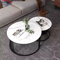 Tables basses gigognes rondes 2 pièces, plateau en faux marbre blanc avec base géométrique dorée, tables de salon gain de place