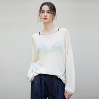 Nouveau Top en Maille Fine Viscose Polyester Printemps 2026, Chic et Décontracté, Tissé à la Main, Manches Longues, Col Rond, Coupe Ample
