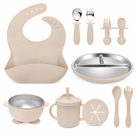 Ensemble d'alimentation pour bébé en silicone de qualité alimentaire sans BPA, assiette à ventouse, bol, gobelet, bavoir, cuillère, fourchette, kit de vaisselle pour tout-petits de 0 à 12 mois