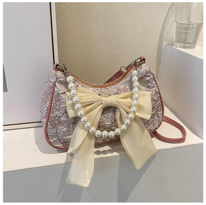 Sac à bandoulière en toile tendance 2026 avec nœud perlé, sangle unique, pour femme, portable, avec compartiments pour téléphone, clés et monnaie - Product Image 3