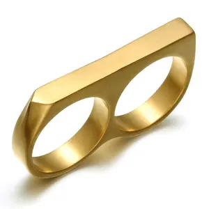 Creative Design Gold Plated Punk Rings Cool Stainless Steel Double Finger Rings for Men