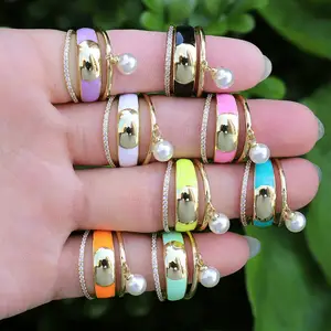 Hot sale fashion colorful enamel plated brass jewelry ring 3 layer design gold brass rings latest pearl hang finger ring designs