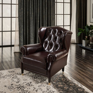 Fauteuil Wingback classique en cuir <span class=keywords><strong>marron</strong></span> <span class=keywords><strong>de</strong></span> luxe avec dossier capitonné profond et pieds en bois à pointe dorée pour salon ou bureau - Product Image 2