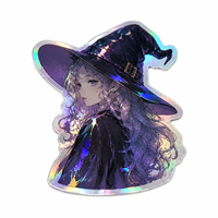 Autocollant personnalisé d'art anime sorcière, en vinyle PVC, découpé à la forme, résistant aux UV, avec feuille holographique et effet holographique arc-en-ciel manga, pour décoration et cadeaux d'artistes