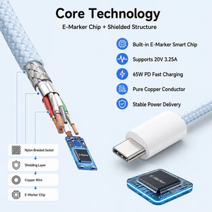 Cavo <span class=keywords><strong>USB</strong></span> <span class=keywords><strong>C</strong></span> a <span class=keywords><strong>USB</strong></span> <span class=keywords><strong>C</strong></span> in Nylon Intrecciato con Logo Personalizzato, Ricarica Rapida PD3.0 65W, Vendita all'Ingrosso per Telefoni Cellulari - Product Image 2