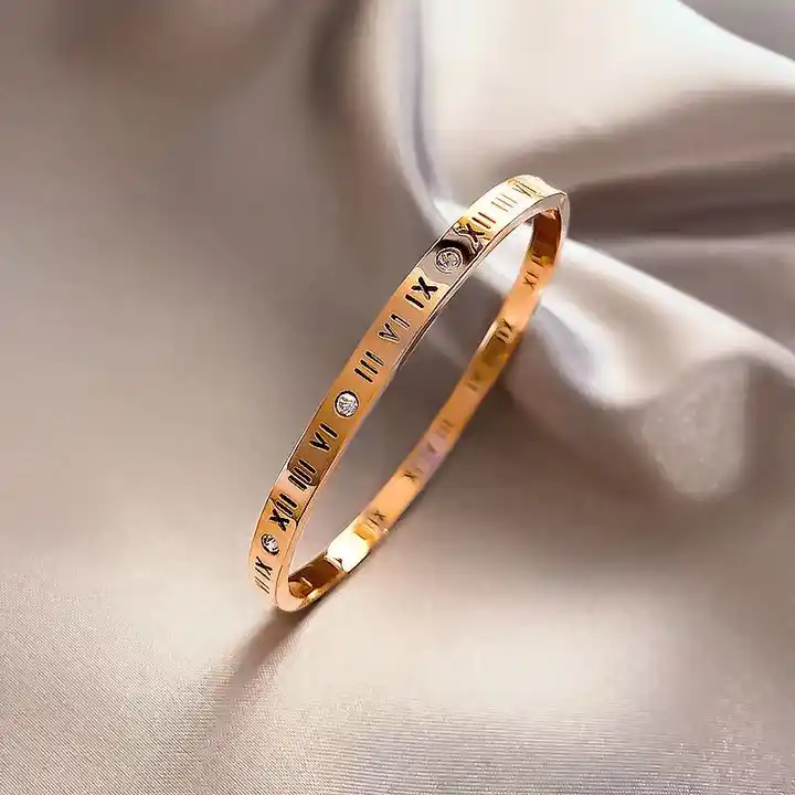 Hot Sell Classic Design 3 Colors Beautiful And Elegant Hollow Roman Numeral  Bracelets & Bangles Stainless Steel Bangle For Woman