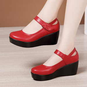 Sh10908a Comfort Black Red <strong>White</strong> Leather Loose Toe 6CM <strong>Wedges</strong> Office Shoes <strong>for</strong> <strong>Women</strong> - Product Image 3