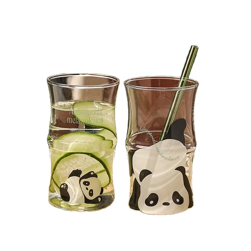 Cangkir kaca transparan wanita, gaya Cina lucu Panda kaca rumah tahan suhu tinggi pasangan cangkir bambu musim panas