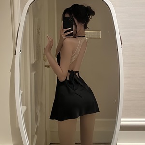 Camisón sexy de talla grande Su Aixing para mujer, de seda helada fina, nuevo, de alta gama, con tirantes, encaje hueco, seductor, para verano. - Product Image 3