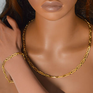 Conjunto de Collar y Pulsera de Eslabones Geométricos de Acero Inoxidable Chapado en Oro de 18K, Resistente al Agua, Sin Deslustre, Joyería Minimalista para Hombre y Mujer - Product Image 5