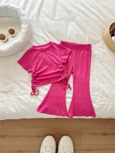 Completo Estivo per Bambine 2026, Stile Coreano, Top a Maniche Corte con Coulisse e <span class=keywords><strong>Pantaloni</strong></span> a Zampa, Tinta Unita, Set Due Pezzi Alla Moda - Product Image 5