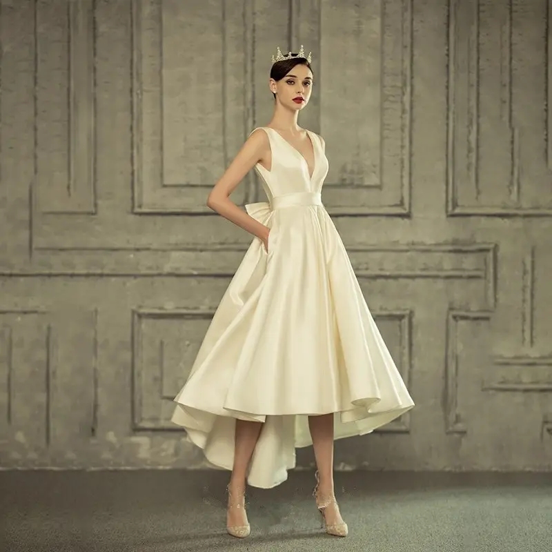 custommade v-neck bow wedding gowns vestido de novia elegant pure-white Ivory wedding dress drop shipping fulfill