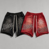 Pantalones Cortos Personalizados para Hombre con Cintura Elástica, Pedrería, Efecto Desgastado Vintage, Lavado, Estilo Urbano, Bajo sin Rematar, Y2K, Moda Urbana, Venta al por Mayor