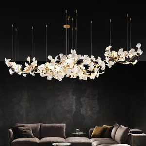 Lustre LED personnalisé en forme de feuille de Ginkgo, grand lustre en céramique en forme de branche d'arbre dorée pour hôtel, villa, hall d'entrée, escalier, salle à manger - Product Image 4