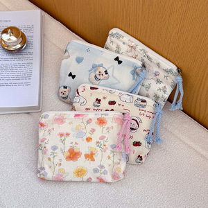 简约花卉图案零钱包耳机收纳袋迷你棉质袋带口红架可重复使用拉链卡通便携式化妆包 - Product Image 2