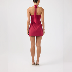 Robes sur mesure OEM <span class=keywords><strong>fuchsia</strong></span> à col halter et corsage plissé, longueur midi, pour femmes, à manches longues, coupe trapèze, courtes, pour <span class=keywords><strong>cocktail</strong></span> et soirée - Product Image 4