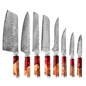 Japanese 8 Pcs Luxury Resin Handle Stainless Damascus Steel Texture Blade Professional Bread Chef Kitchen Knife Set