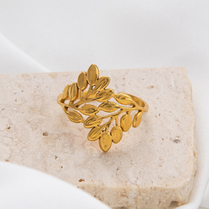 Leaf Pattern Stainless Steel <b>Open</b> <b>Ring</b> 18K Gold Plated Unisex Fashion Jewelry Gift For Summer - Product Image 3