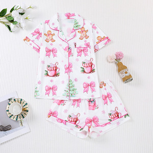 Pigiama da <span class=keywords><strong>Donna</strong></span> Quattro Stagioni con Colletto a Risvolto, Maniche Corte e Pantaloncini, Stampa Natalizia, Motivo Personalizzabile, Set per Uso Esterno e Domestico - Product Image 2