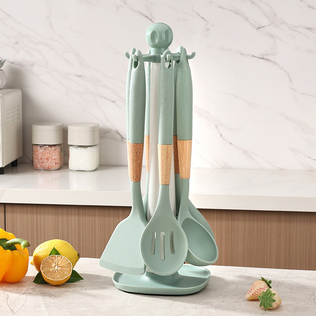 7-Piece Silicone Kitchen Utensil Set with Wooden Handle & Rotating Stand, Non-Stick Heat Resistant Cooking Tools for Kitchen