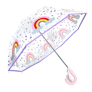 19Inch 8Ribs Straight Auto Open Customized Logo Printing Kids Umbrella Beauty Rainbow Printing Clear Rainproof Children Umbrella