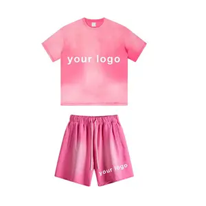 Custom Logo Plus Size T-shirt And Shorts Set Causal Pink Oversized Acid Washed Tshirt And Jogger Shorts 2pcsSet